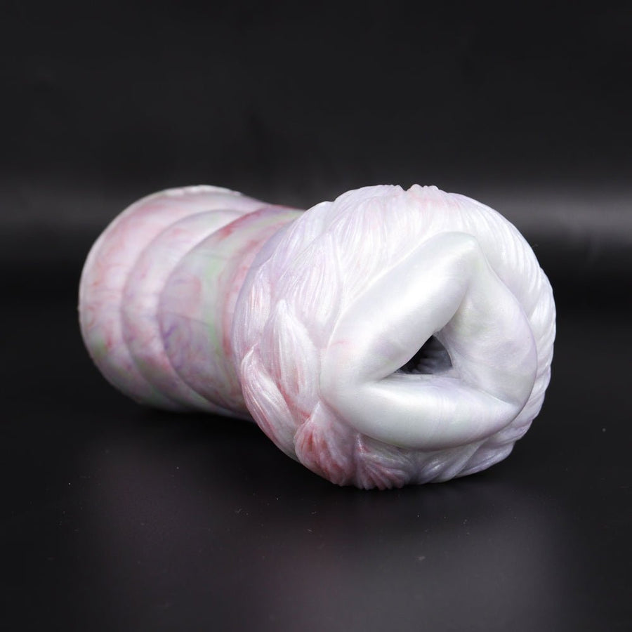 Fantasy horse-style masturbator, white with pink and green swirls, curled shape