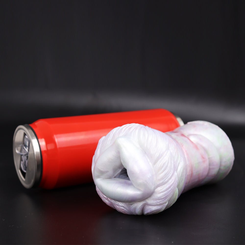 Fantasy masturbator with white body and pink streaks, viewed from side