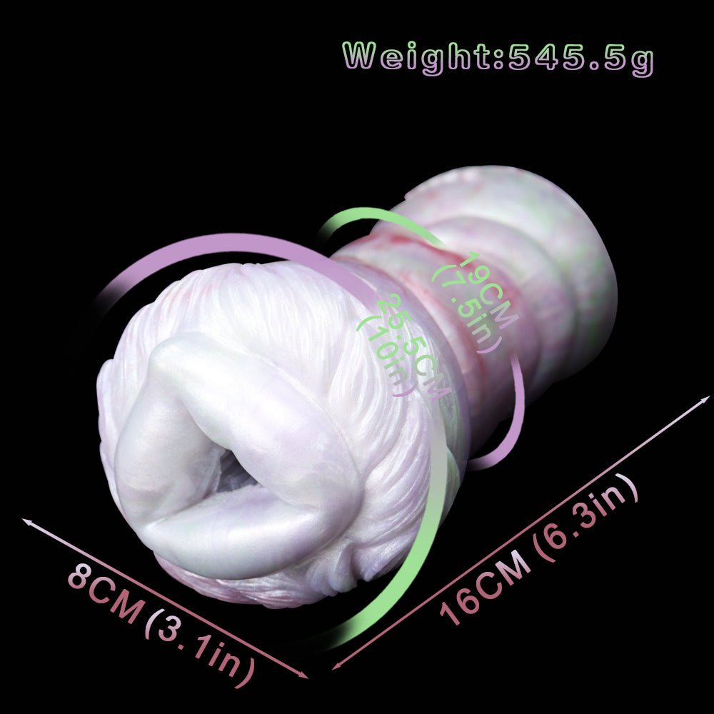 Fantasy masturbator with white/pink finish, green measurement overlay visible