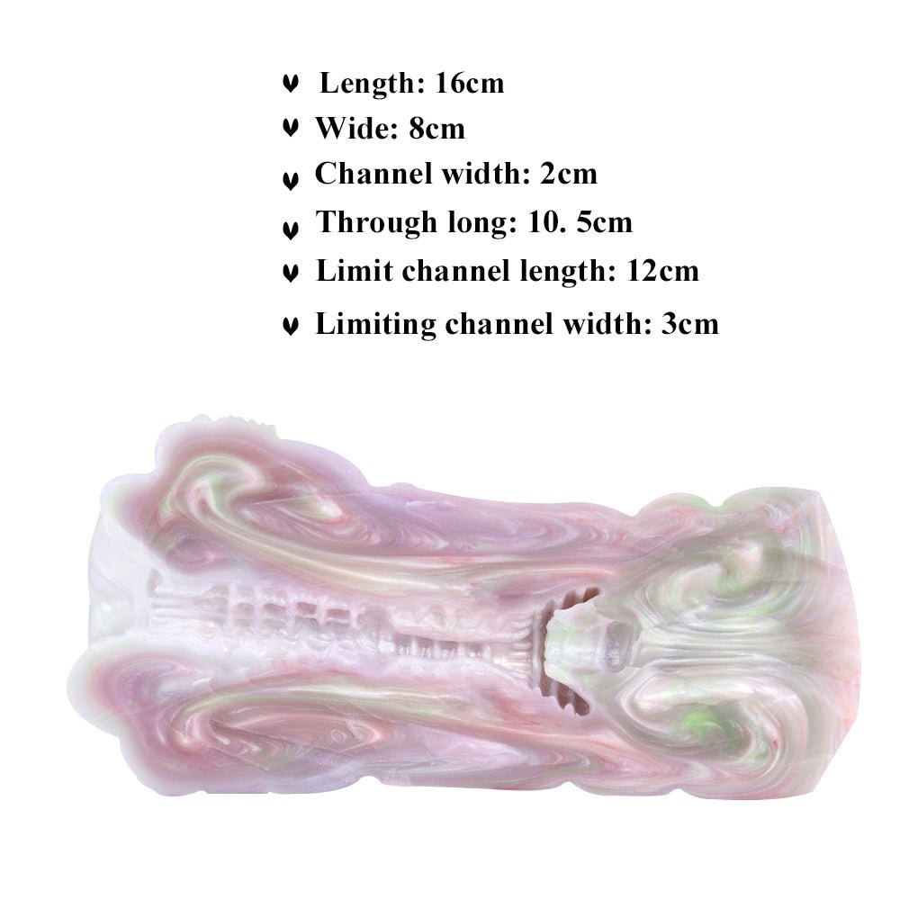 Fantasy masturbator dimensions graphic over white and pastel-pink design