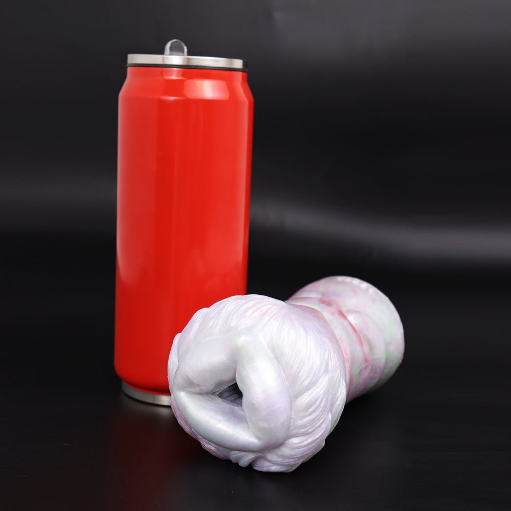 Fantasy masturbator with white and pink accents, small end curled near red can