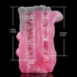 Pink animal-themed sex toy with textured pattern and back side measurement overlay