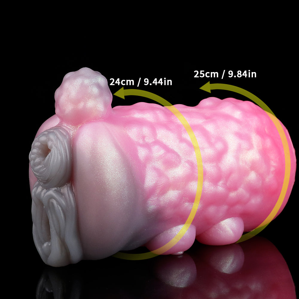 Pink animal-themed sex toy side view with highlighted measurement arc