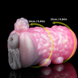 Pink animal-themed sex toy side view with highlighted measurement arc