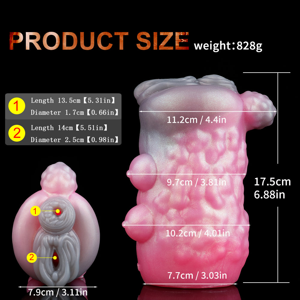 Pink animal-themed sex toy with size-dimension overlay diagram