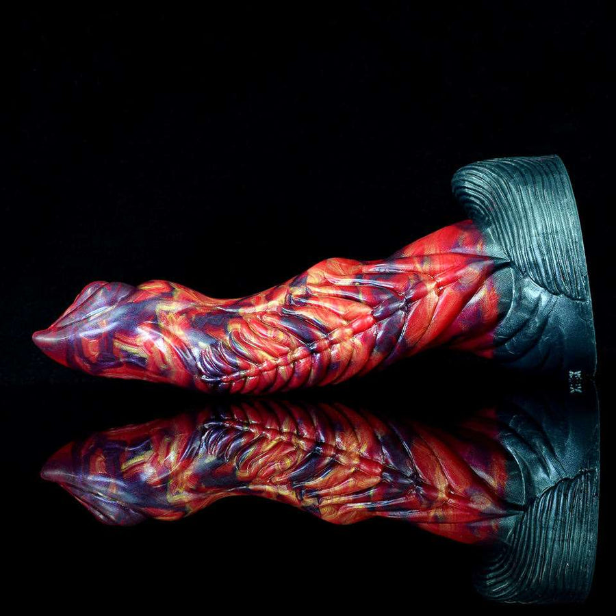 Horizontal ribbed dragon dildo, red-blue swirl pattern, flared suction base.