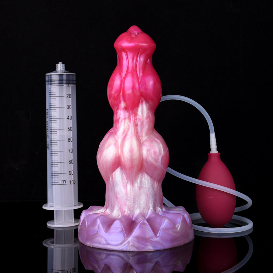 Fantasy minotaur-shaped squirting dildo with clear tube and red bulb pump