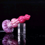 Minotaur squirting dildo, pink-purple, with water droplets and clear tube