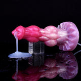 Minotaur squirting dildo, pink-purple, side view with puddle and droplets