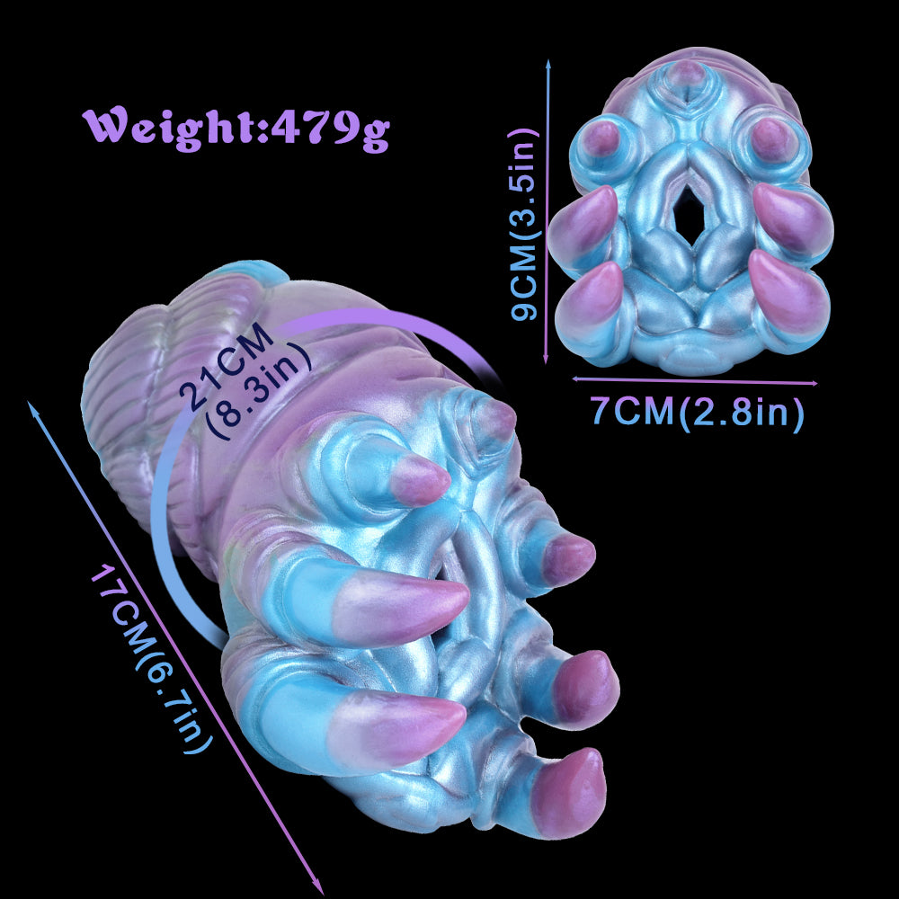 Alien claw stroker dimensions graphic: blue-purple design, 7 cm x 9 cm x 21 cm