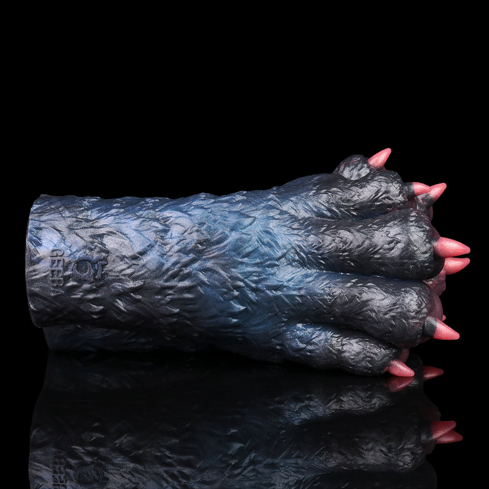 Monster paw pocket pussy sleeve, side view with dark blue textured fur and pink toes