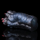 Monster paw pocket pussy sleeve, rear view with blue-black textured fur and pink claws