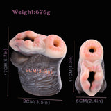 Goat masturbator size diagram: 67g weight, 9cm length, 3in and 4.3in heights