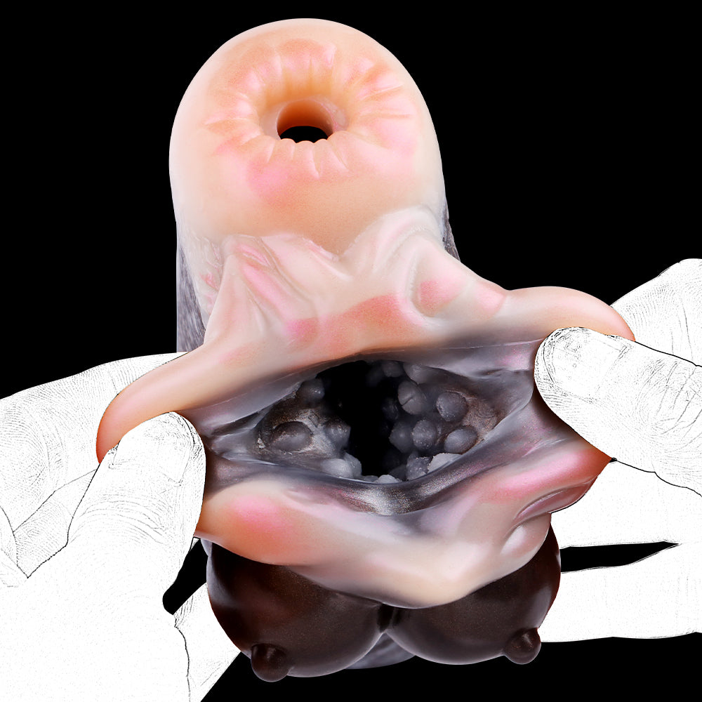 Two-hole goat masturbator with light inner channel visible between molded openings