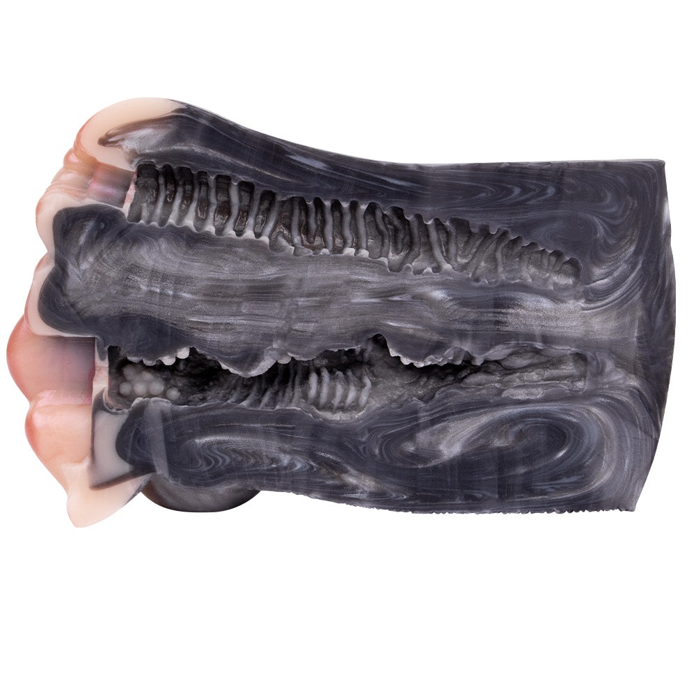 Two-hole realistic animal stroker, dark gray ridged texture, curved opening ends
