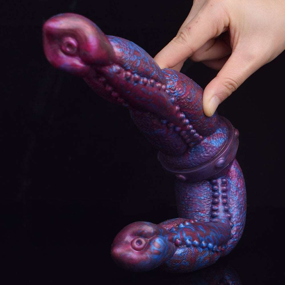Curved double-ended equine dildo, purple-blue mottled texture with grip-like ridges