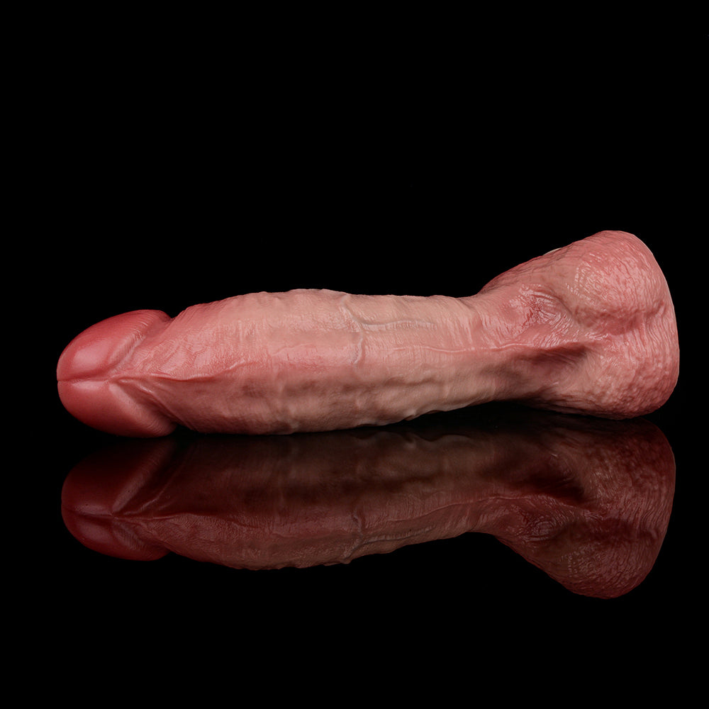 Curved realistic penis dildo side view, pink flesh-tone with shiny texture