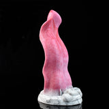 Pink wolf tongue dildo side view, white base with “POCY” label