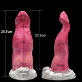 Pink wolf tongue dildo shown with size measurements; white base