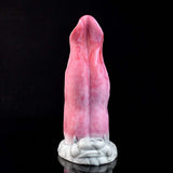 Front view of pink wolf tongue dildo with white base