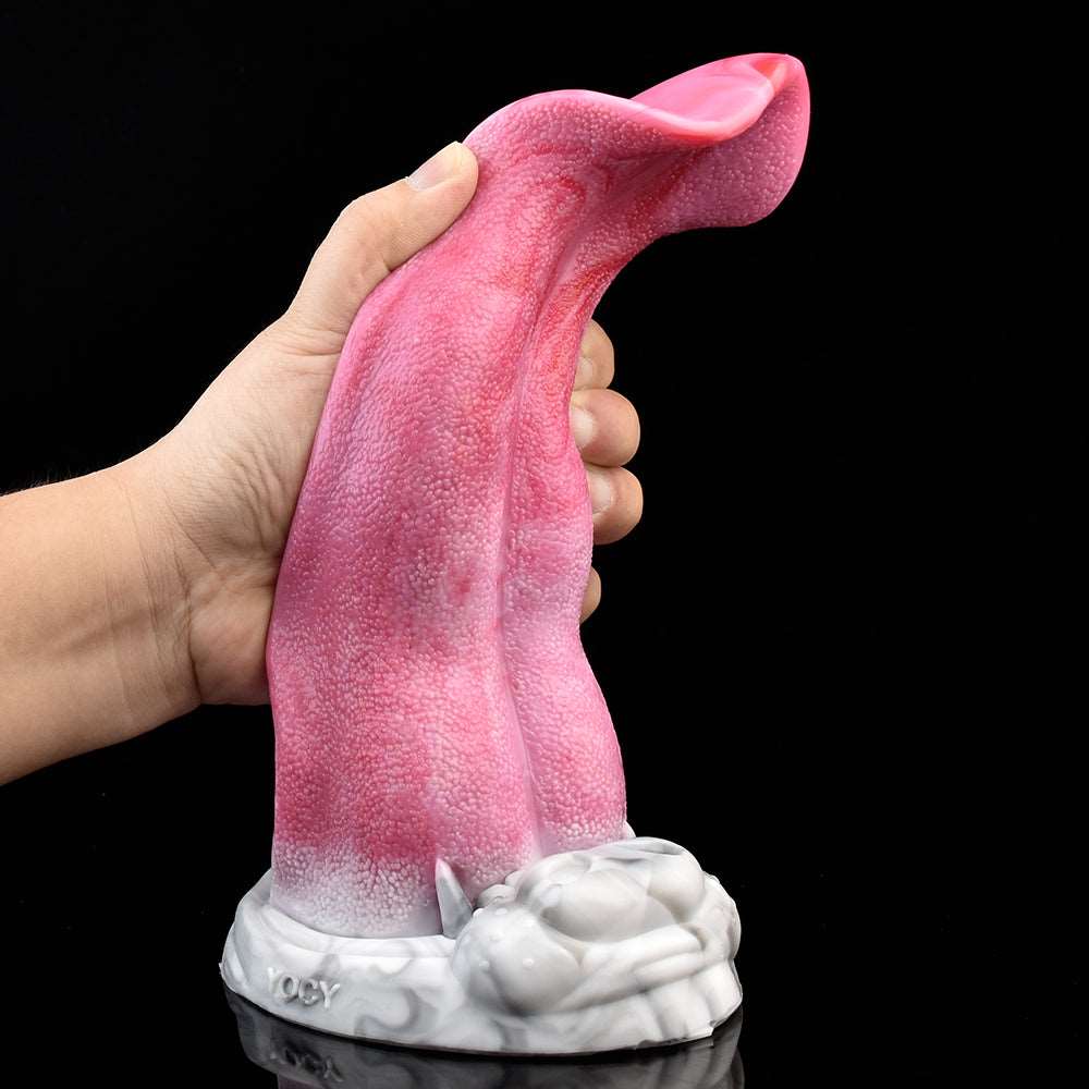 Pink realistic wolf tongue dildo, close-up textured shaft and white base, held