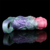 Alien extender sleeve with open rim, aqua and purple panels with pink end, side view
