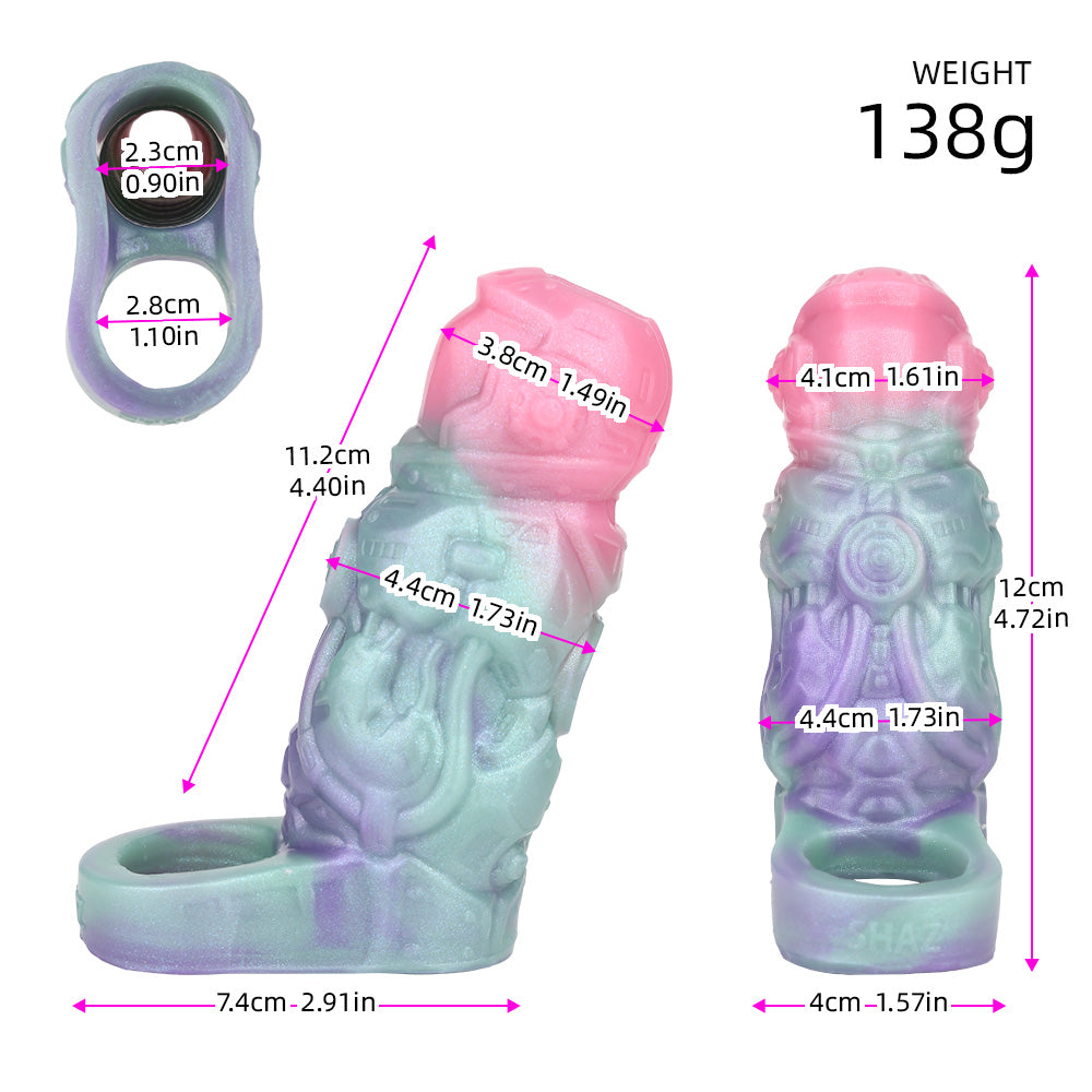 Size chart for alien extender sleeve: 138g, labeled height and width measurements