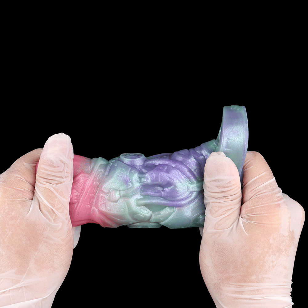 Alien penis sleeve held in gloves, pastel pink, aqua, and purple textured design