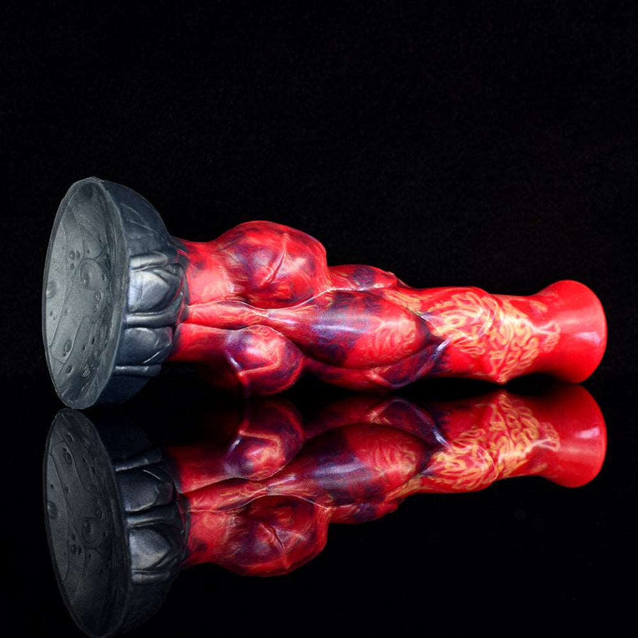 Horse dildo angled view showing red-blue marbled shaft and black base with huge knot