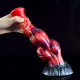 Handheld muscular horse-style dildo, red-and-blue marbled texture with gray base