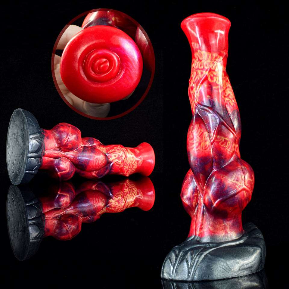 Multiple angles: red circular stopper and red-and-blue muscular horse-style dildo