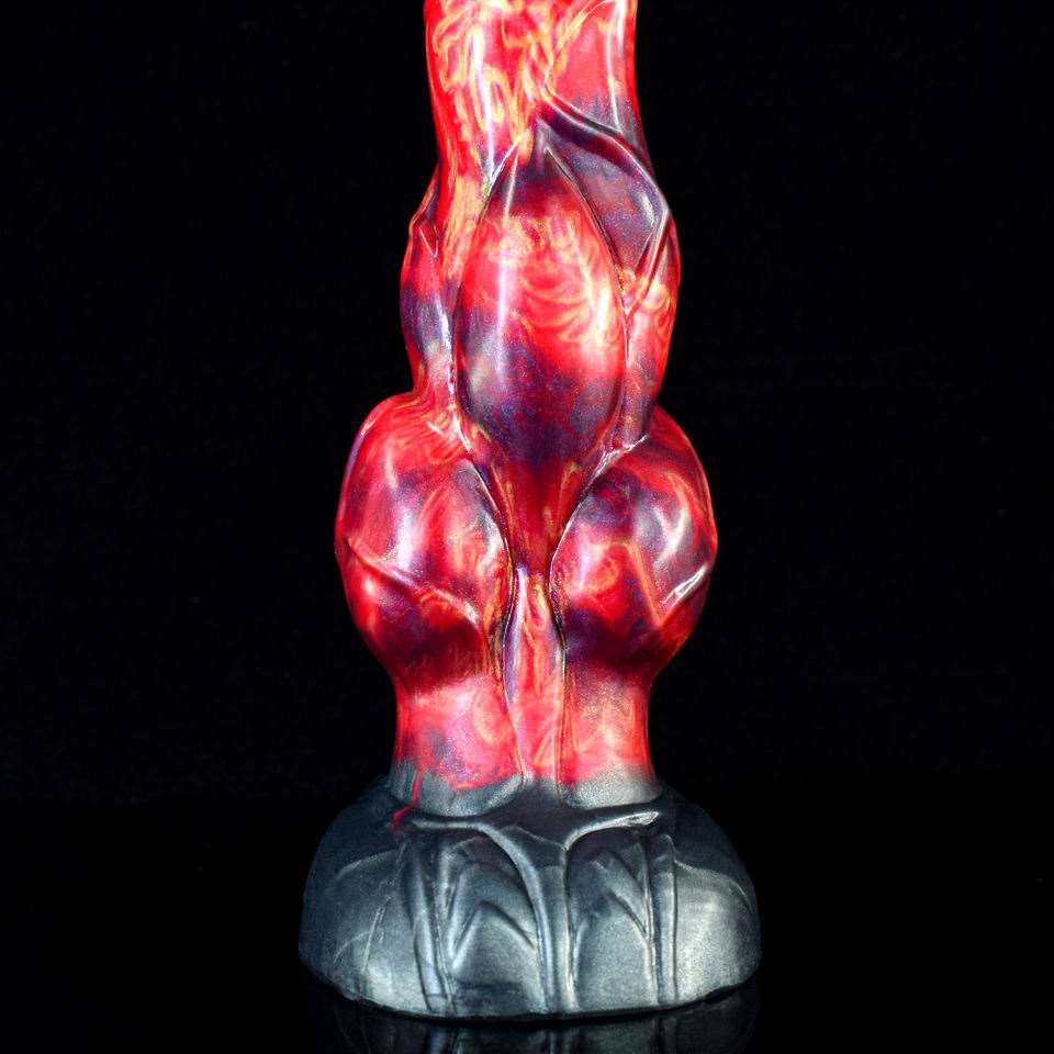 Front view: muscular horse-style dildo with red-and-blue body and gray flared base