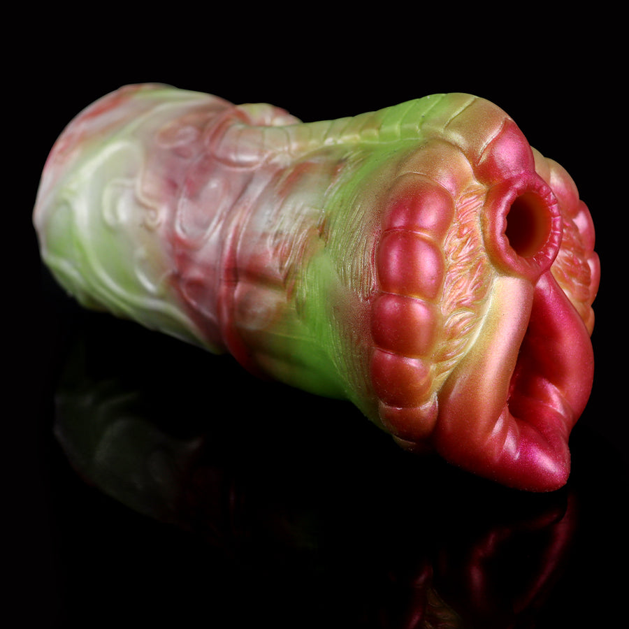 Two-hole fleshlight sleeve front view with round dark openings and pink petal edges