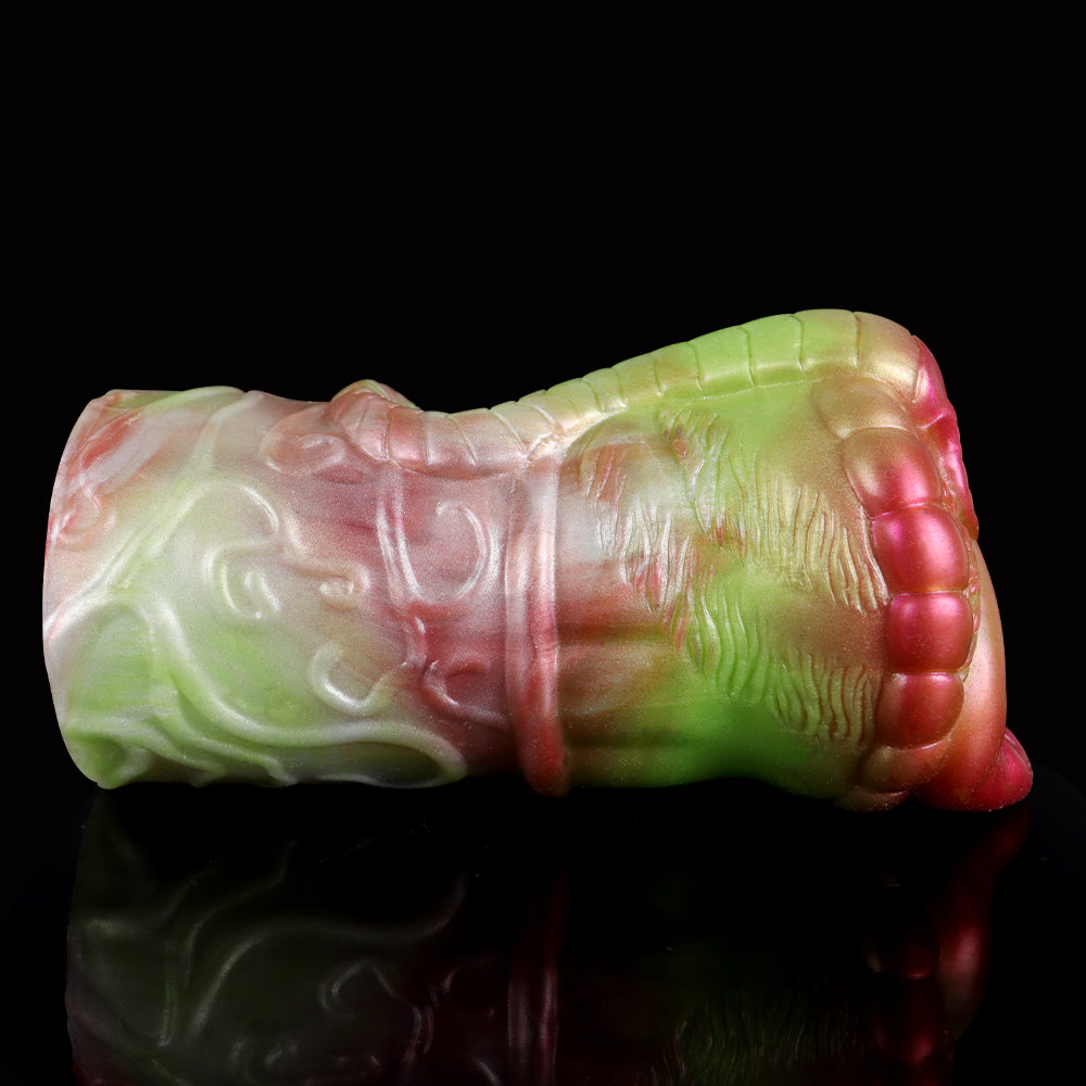 Two-hole dragon fleshlight side view, iridescent pale green and pink