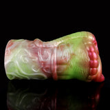 Two-hole dragon fleshlight side view, iridescent pale green and pink
