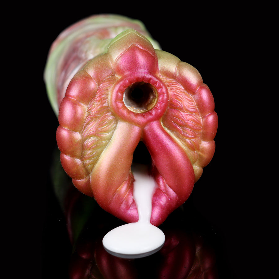 Two-hole fleshlight sleeve close-up with ring opening and white base for display