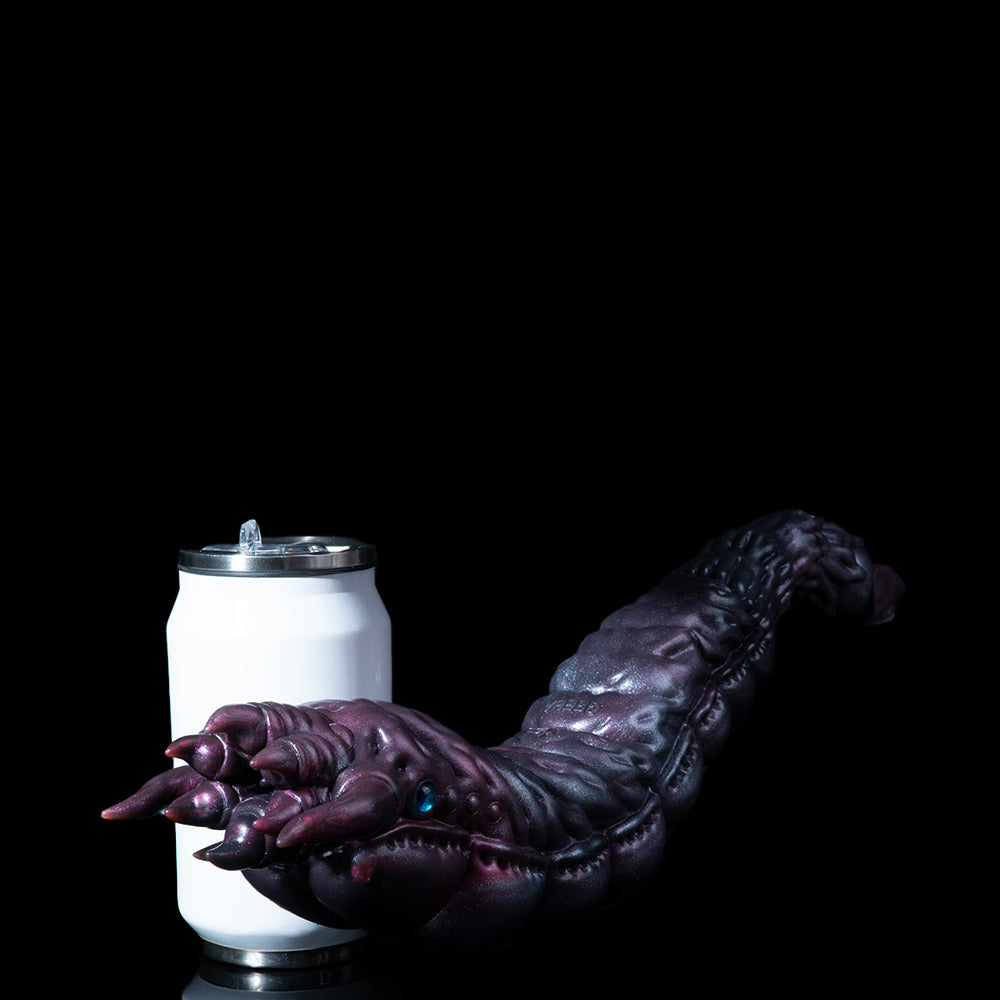 Metallic purple creature hand reaching around a white cylindrical can with silver top
