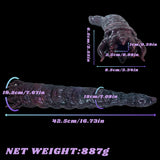 Alien creature toy size graphic with labeled dimensions and net weight 88g