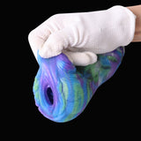 Rainbow harpy fantasy masturbator in white sleeve, ridged colorful surface
