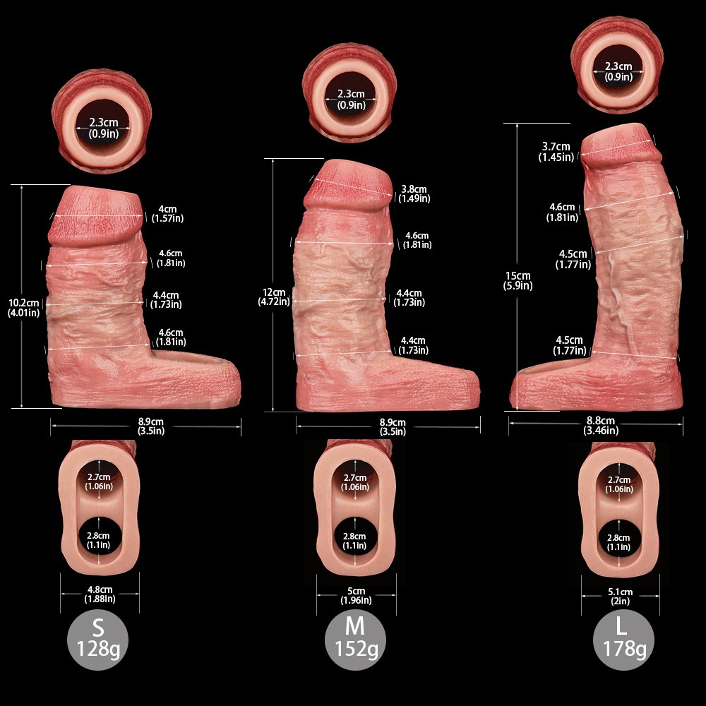Size chart for realistic extender sleeves (S, M, L) with ring base dimensions