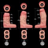 Size chart for realistic extender sleeves (S, M, L) with ring base dimensions