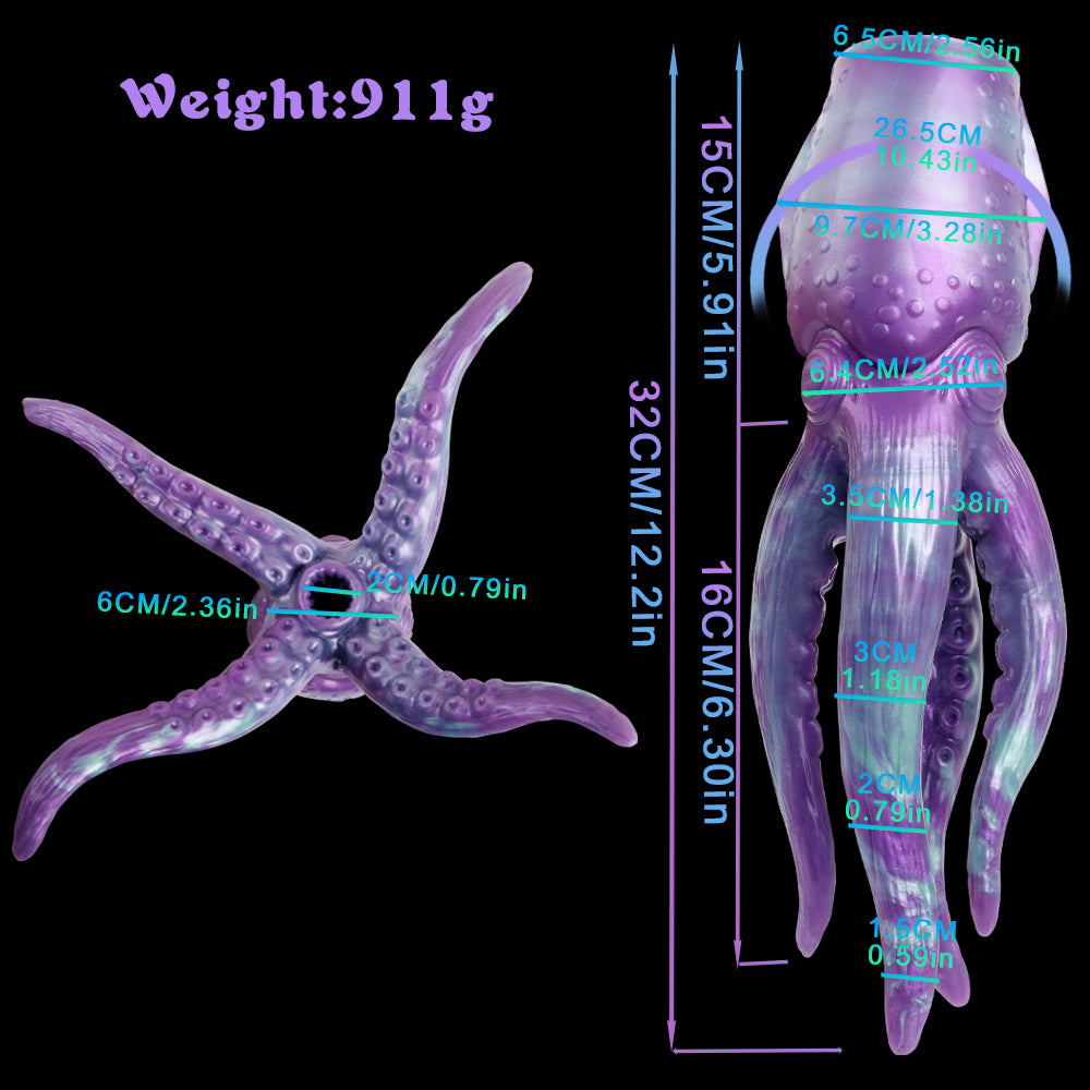 Purple-and-teal octopus masturbator size diagram with height and width labels