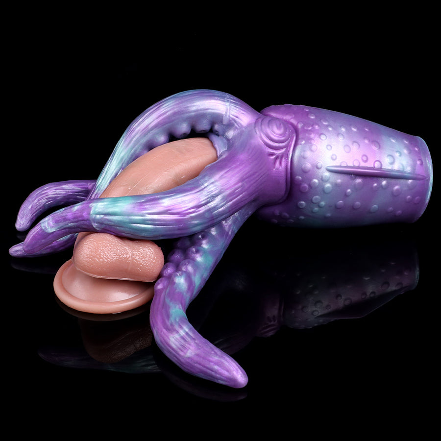 Purple octopus-style masturbator with light-pink inner insert and curved tentacles, side view
