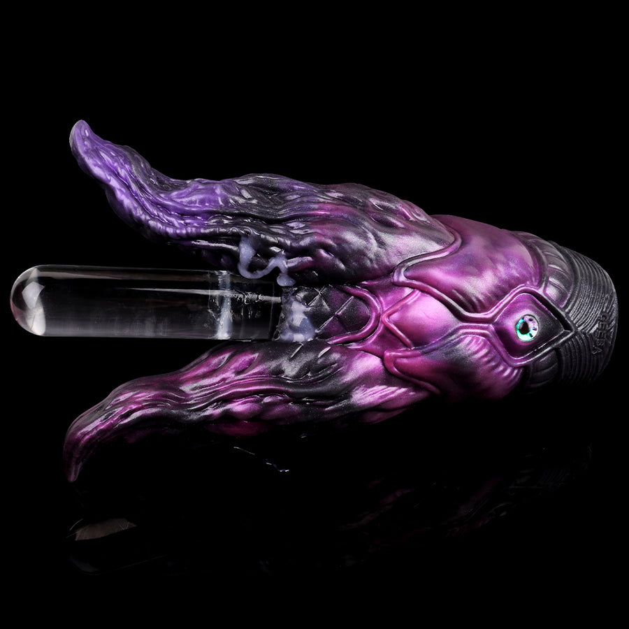 Purple and black tentacle sex toy with clear cylindrical tip and ridged head base.