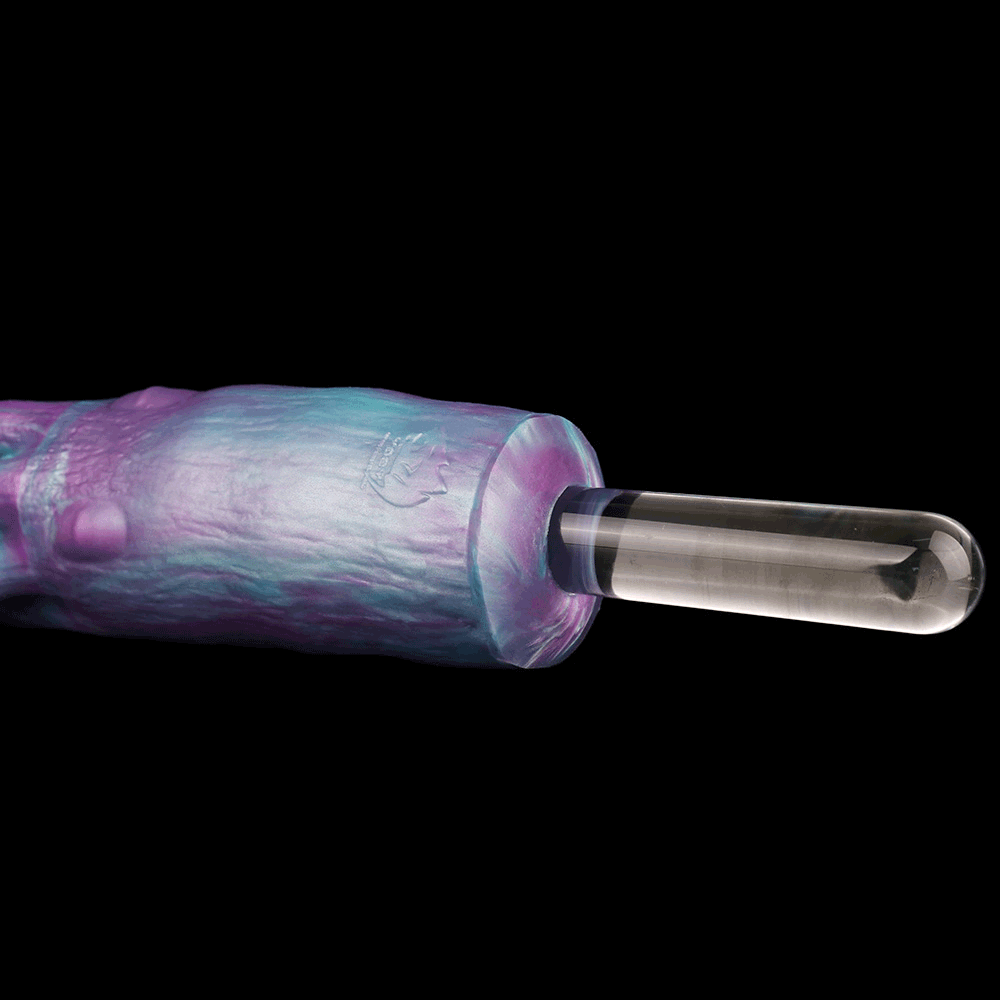Purple-blue octopus masturbator cylinder with outlet opening at the end
