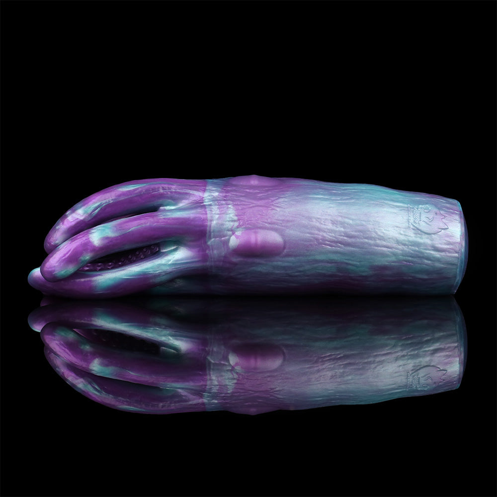 Purple-blue octopus tentacle masturbator in side profile, glossy textured surface