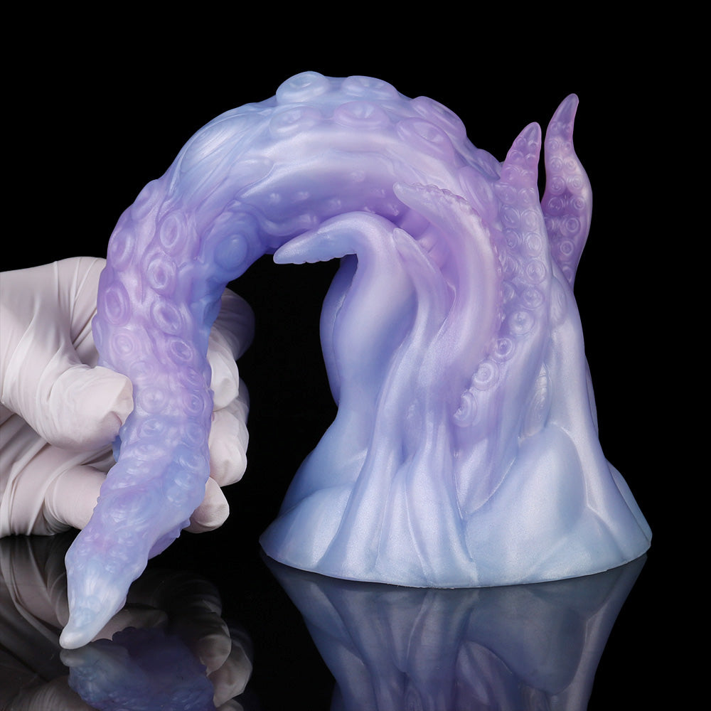 Hellblau-lila Tentakel-Dildo/Plug mit breiter Basis und zwei langen Tentakelspitzen