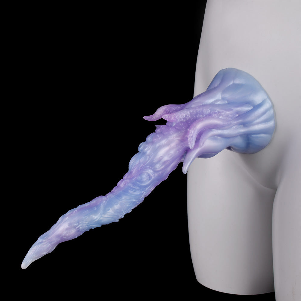 Hellblau-lila Tentakel-Dildo mit flanschförmiger Basis, seitliche Ansicht