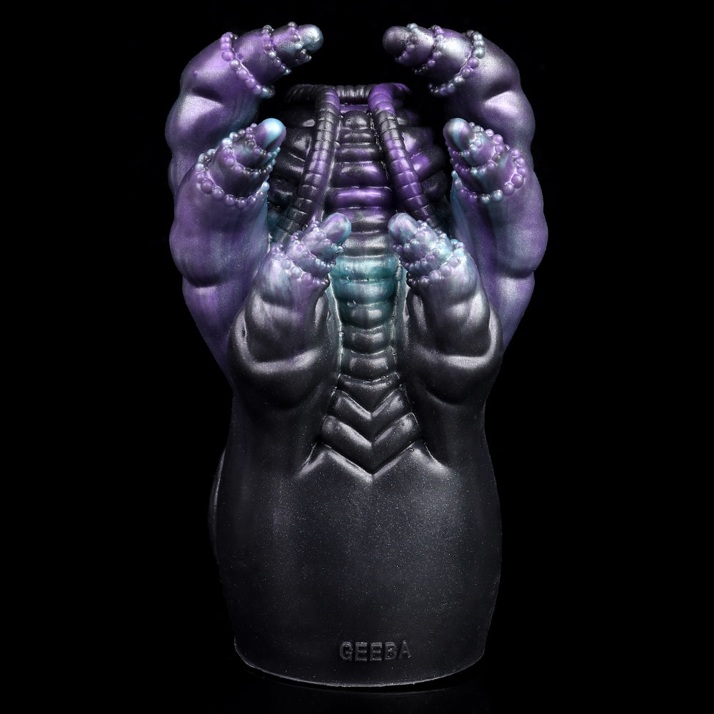 Octopus Hydra stroker, back view with purple tentacles raised above the body