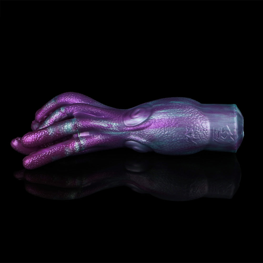 Handheld angle view of octopus tentacle masturbator, purple textured body and tentacles